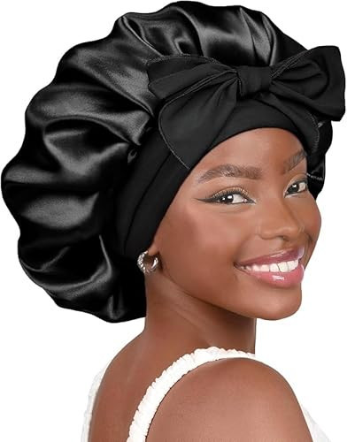 YANIBEST Silk Bonnet for Sleeping Women Satin Bonnet Double Layer Satin Lined Hair Bonnet with Tie Band Curly Hair Black | Amazon (US)