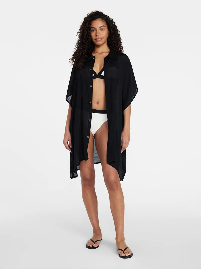 Time and Tru Women's Button Down Coverup, Sizes XXL/XXXL, Black Soot | Walmart (US)