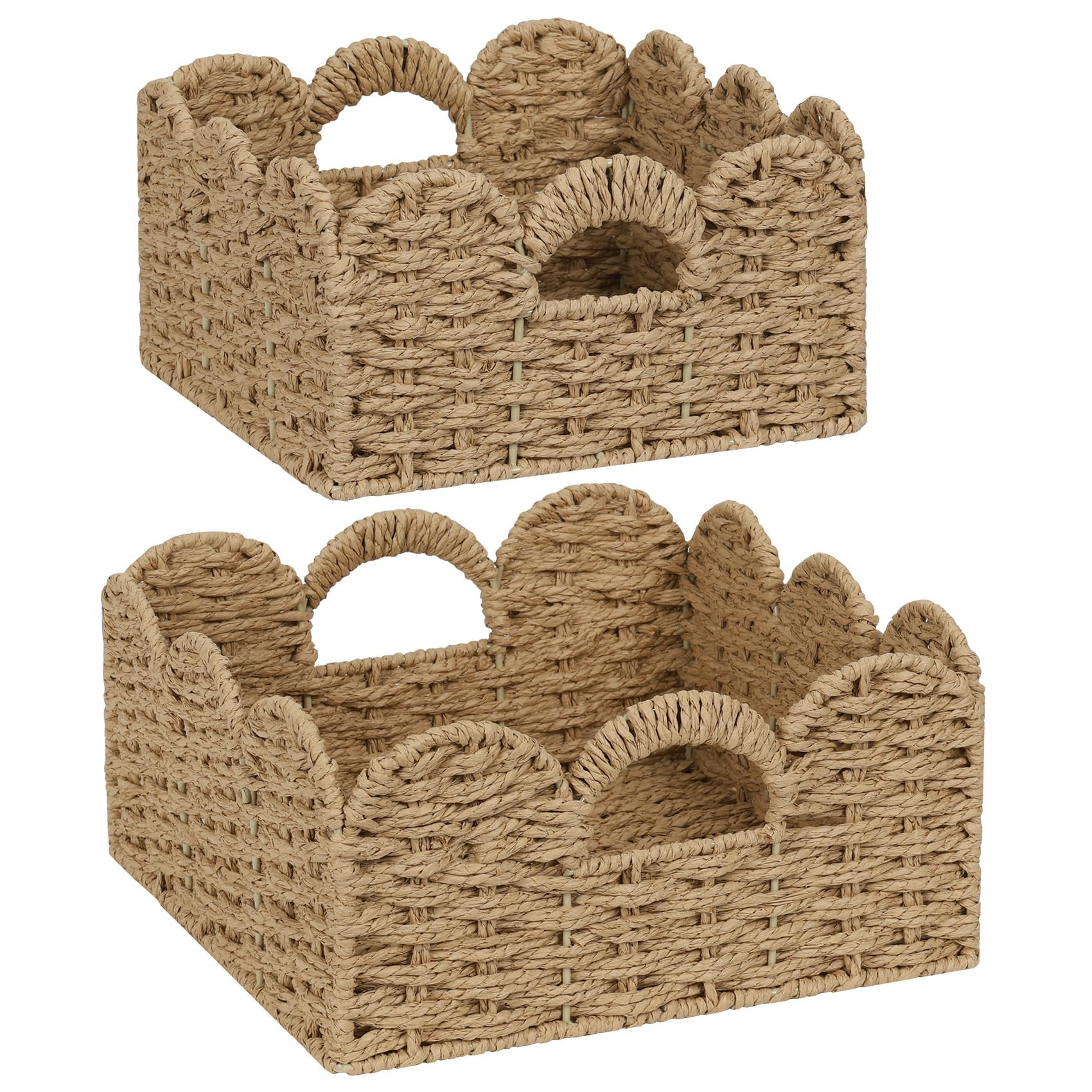 Scalloped Wicker Basket Natural Paper Rope Storage Baskets with Handles Handwoven Organizer Bin W... | Amazon (US)
