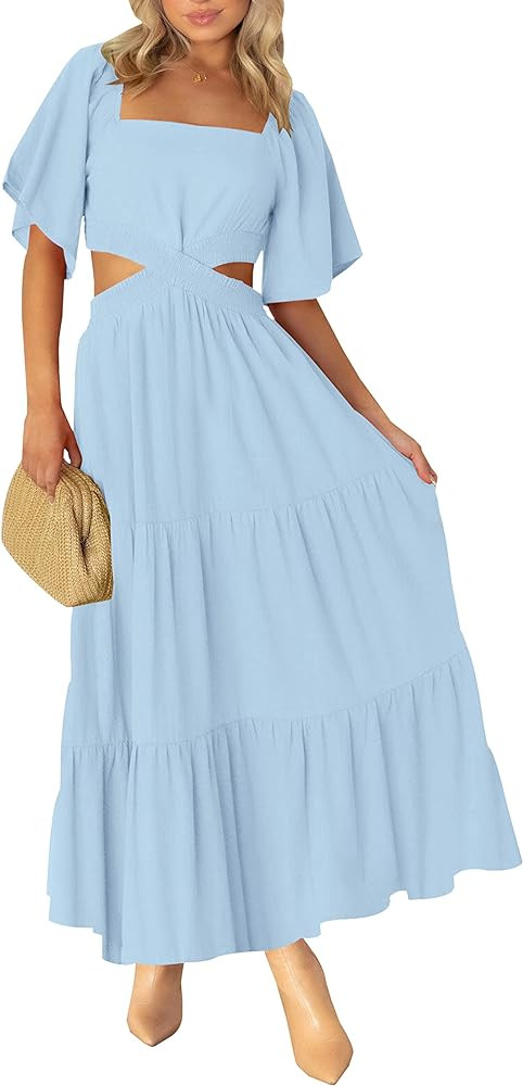 LEANI Women's 2024 Summer Cutout Maxi Dress Square Neck Short Sleeve Crossover Waist Casual Party... | Amazon (US)