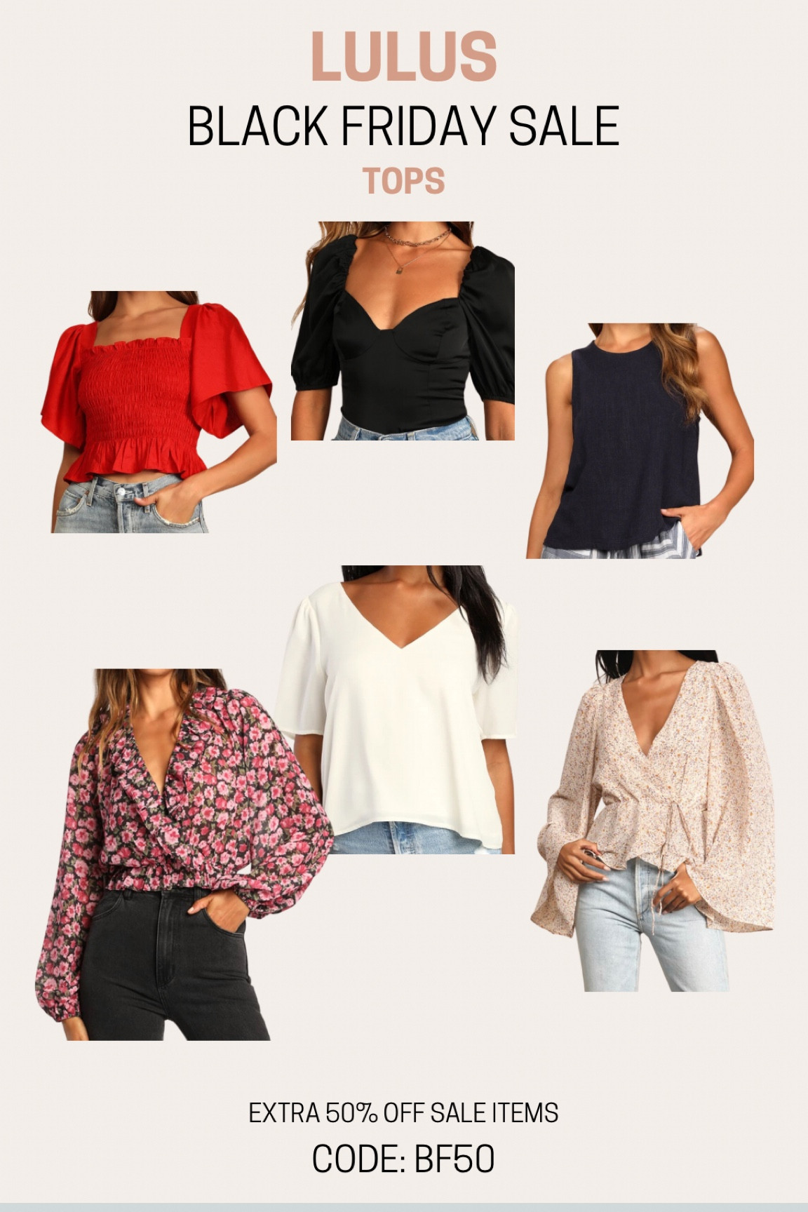 Lulus Sale - Tops

Red Smocked Flutter Sleeve Top, Black Puff Sleeve Bodysuit, Navy Linen Tank Top, Floral Ruffled Long Sleeve Top, Ivory Short Sleeve, Floral Bell Sleeve Top.

#LTKsalealert #LTKunder50 #LTKCyberweek