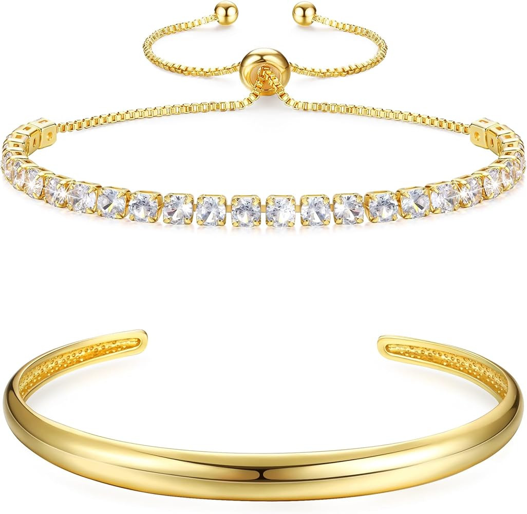 Gold Bracelets - Stackable Tennis & Cuff Bracelets, Gold Bangles, Cubic Zirconia, 18K Gold Plated... | Amazon (US)