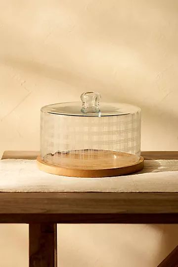 Plaid Serving Cloche with Wood Base | Anthropologie (US)