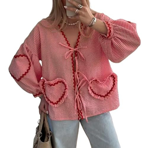 Tie Front Tops Women Valentine Shirt Clothes Gingham Coquette Bow Tops Heart Long Sleeve Cute Spring Tops (Red Gingham,M,Medium) | Amazon (US)