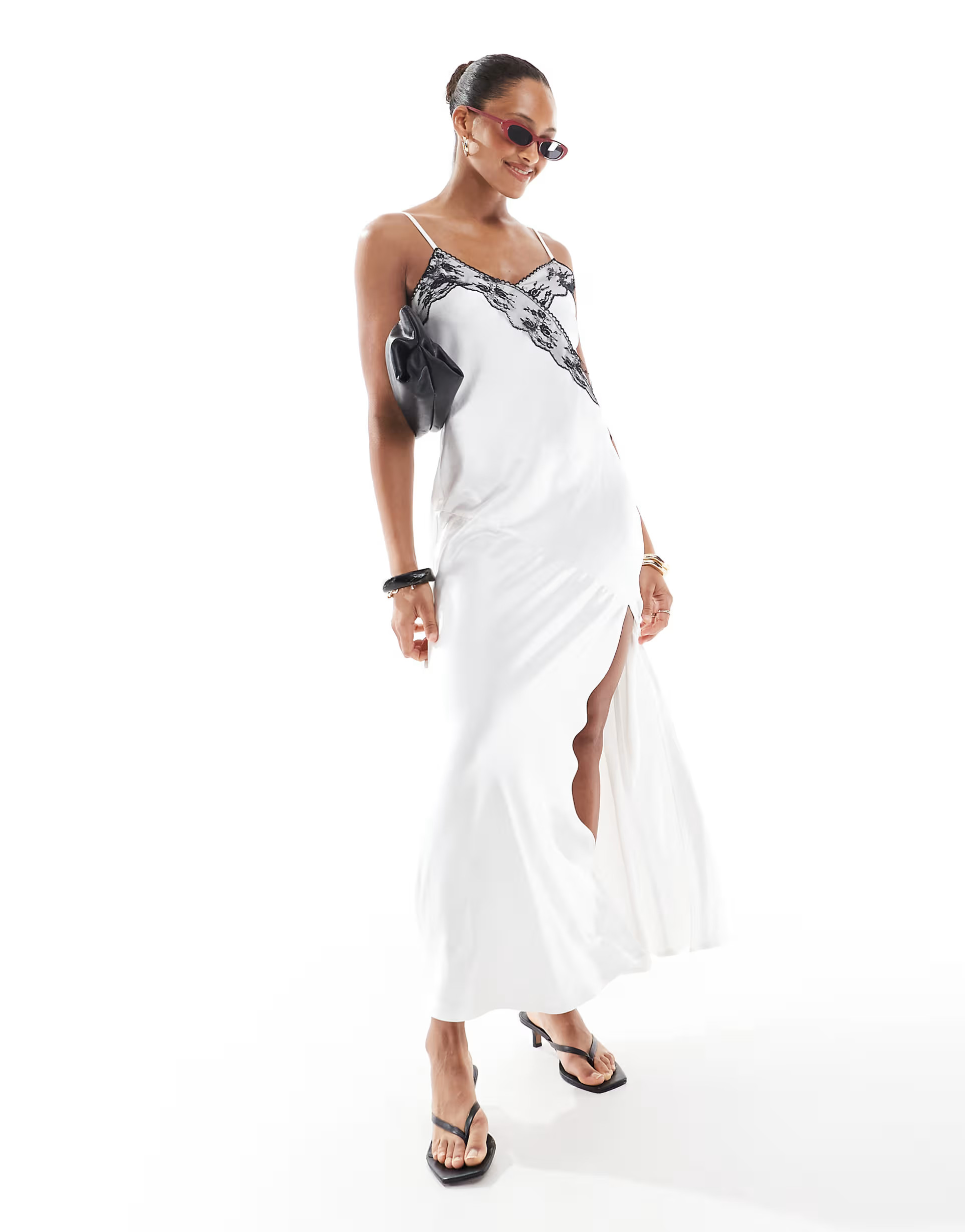 4th & Reckless contrast lace detail thigh split satin cami maxi dress in white | ASOS (Global)