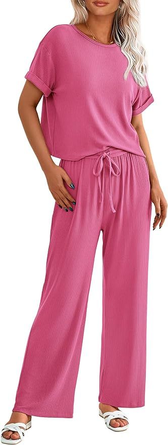 PRETTYGARDEN Women's Summer 2 Piece Knit Loungewear Short Sleeve T Shirts Wide Leg Pants Tracksui... | Amazon (US)