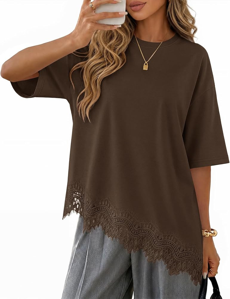 ZESICA Women's Summer Oversized T-Shirts Asymmetrical Lace Going Out Tops | Amazon (US)