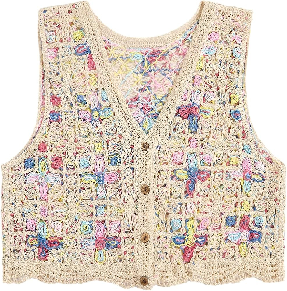 GORGLITTER Women's Crochet Knit Sweater Vest Sleeveless Button Front Cropped Vests | Amazon (US)