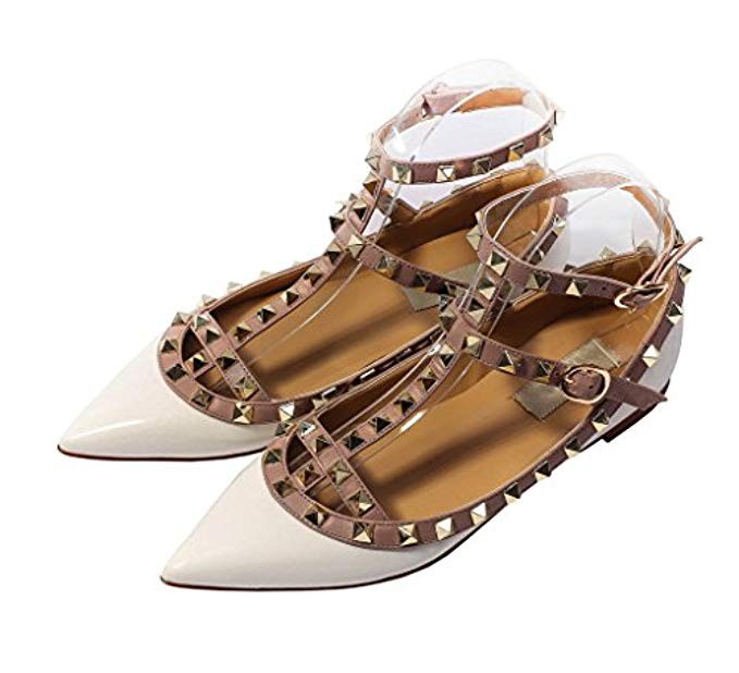 Katypeny Womens Sexy Stud Buckle Shallow Mouth Pointed Toe Flat Pump Shoes | Amazon (US)