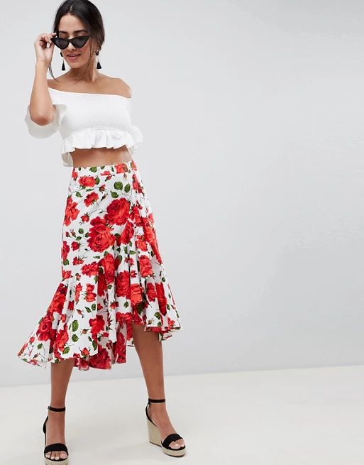 ASOS DESIGN midi skirt with wrap detail in rose print | ASOS US