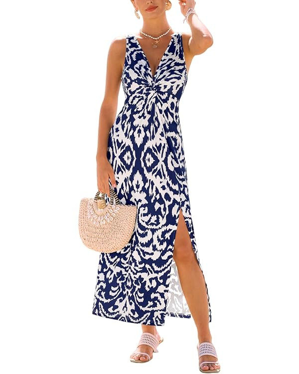 CUPSHE Women's Boho Summer Dress V Neck Sleeveless Midi Sundress Floral Beach Vacation Dress Slit... | Amazon (US)