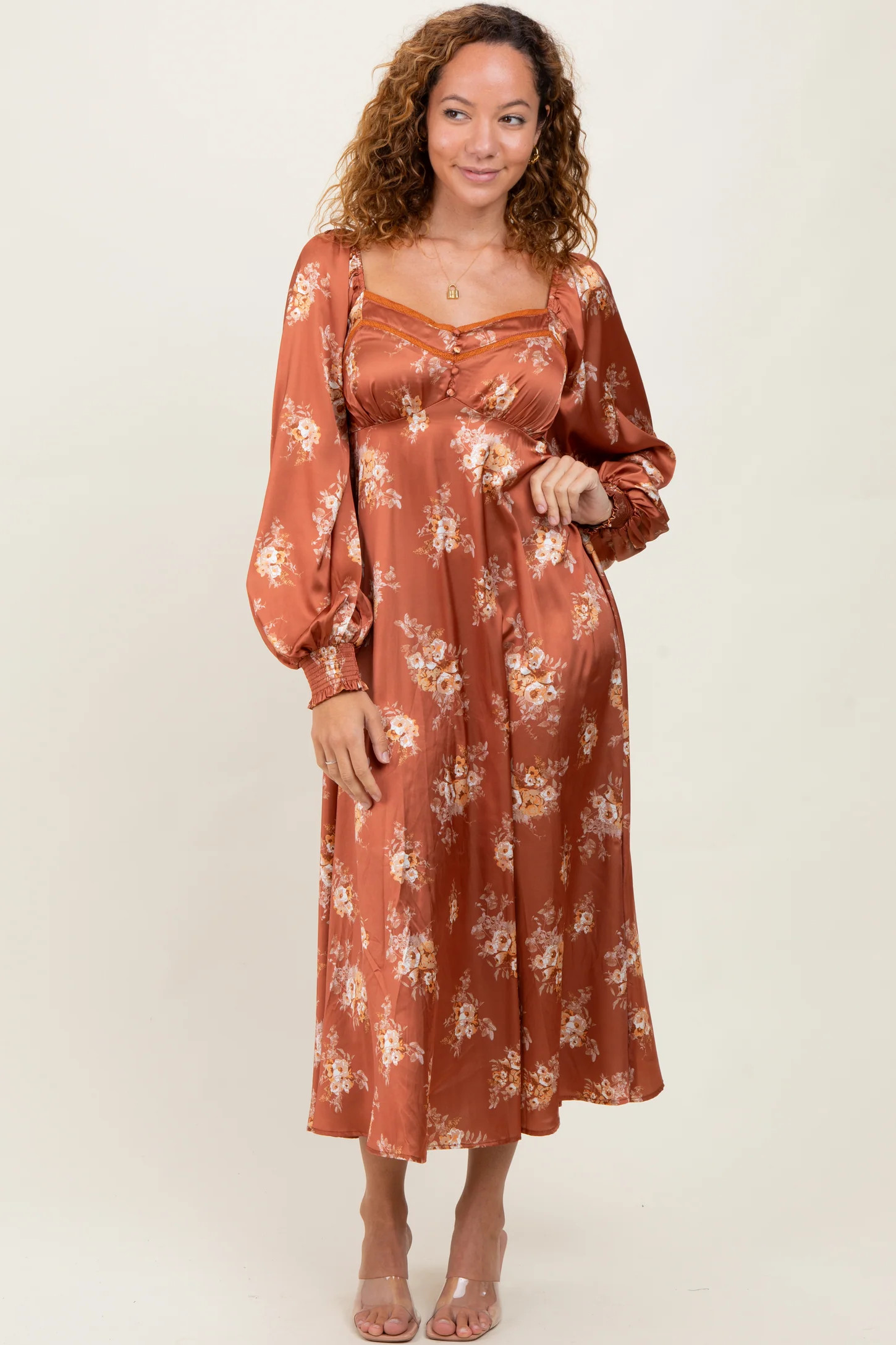 Rust Satin Floral Bubble Sleeve Midi Dress | PinkBlush Maternity