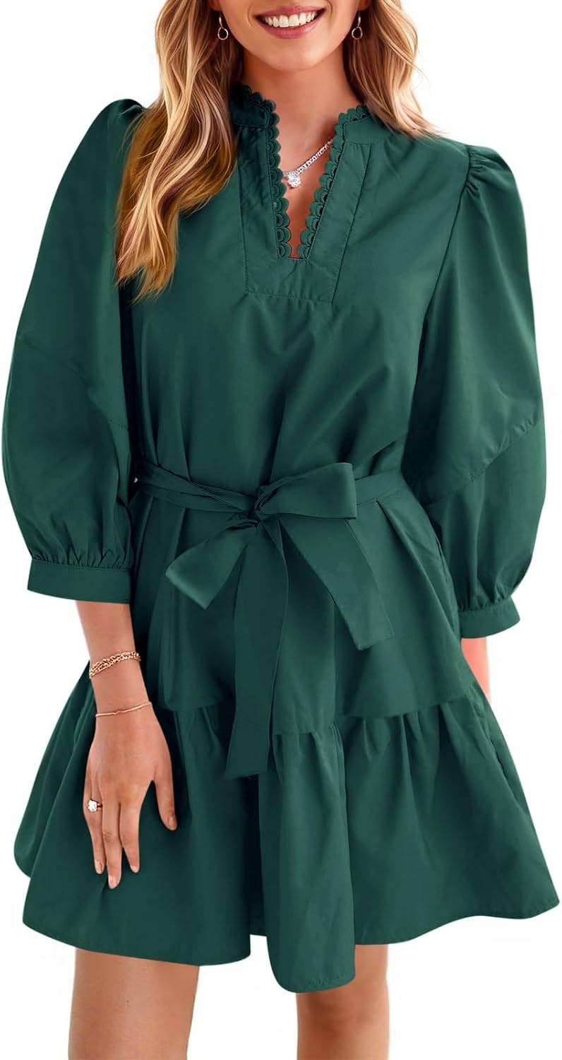 Cicy Bell Womens Puff 3/4 Sleeve Mini Dresses Bow Tie Waist Short Dress | Amazon (US)
