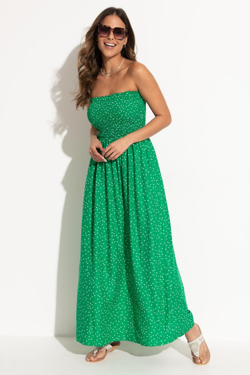 Strapless Shirred Bodice Maxi Beach Dress - Green Spot | Pour Moi