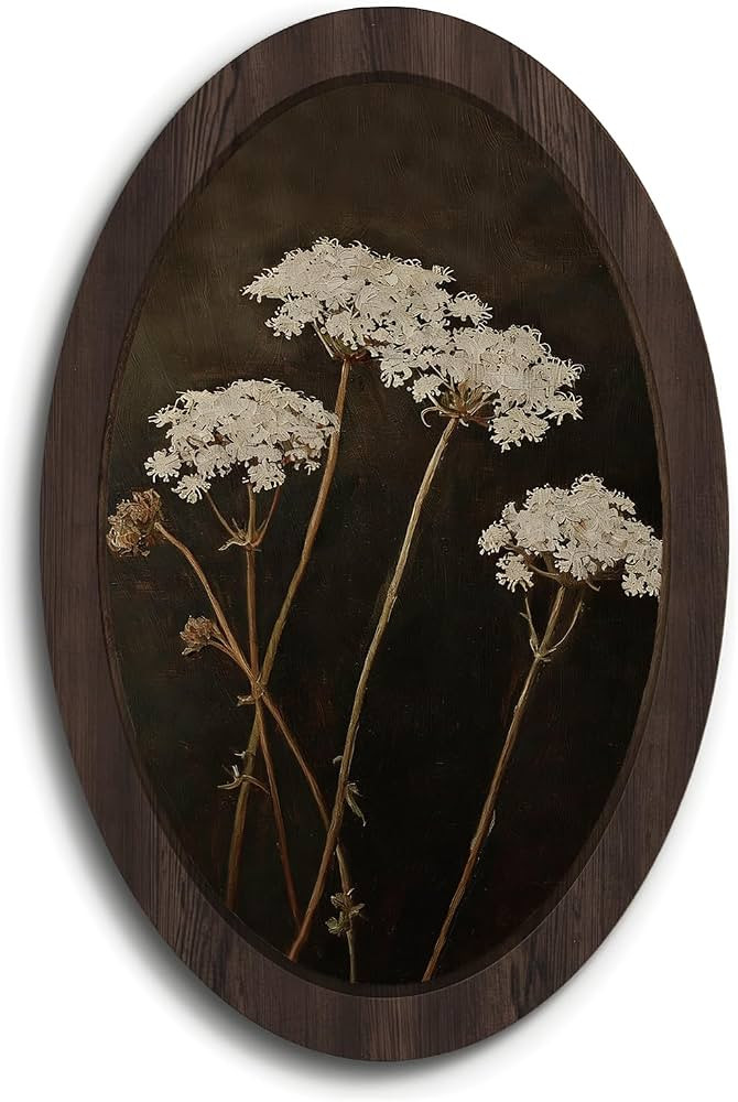 Feronty Moody Botanical Framed Wall Art Decor, Queen Anne\u2019s Lace Flower Oval Wall Hanging, R... | Amazon (US)