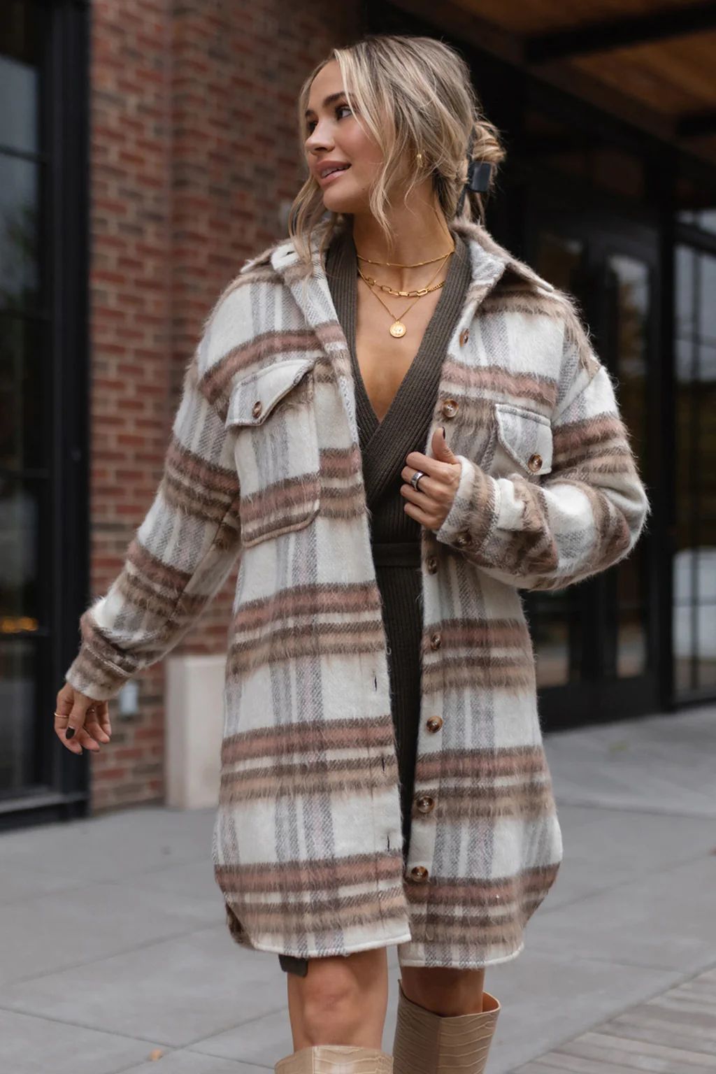 OUT WEST BROWN AND CREAM PLAID SHACKET | Kittenish