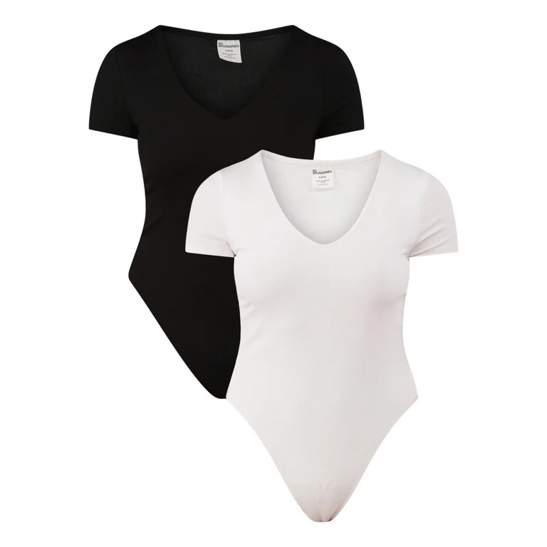 No Boundaries Double Layer V-Neck Bodysuit, 2-Pack, Women's - Walmart.com | Walmart (US)