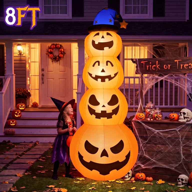 8 ft Halloween Pumpkin Stack Inflatable Decoration with Witch Hat, Lighted Blow up Yard Decor for... | Walmart (US)