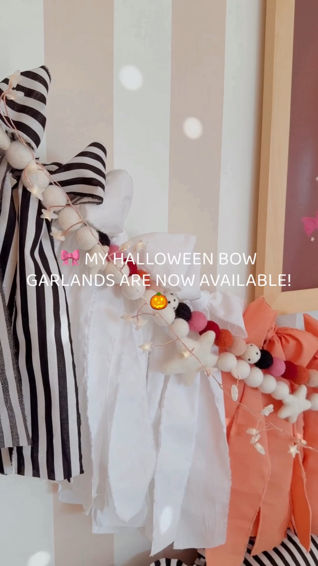 🎃 Halloween Bow Garlands are NOW FOR SALE! 🖤
Each garland is 6 feet long — $125 + $10 shipping.
These are handmade and perfect for adding the cutest spooky-season touch to your home! 👻🖤
DM me if you’re interested in purchasing!

Or here is the tutorial if you would rather make one!

DIY Halloween Bow Garland
Materials
* 6 yards black-and-white striped fabric
* 2 yards of each solid-colored fabric
* Twine or string
* Scissors
Cutting
* Rip fabric with the grain (in the same direction as the threads) for that perfectly frayed look.
* Garland strips: 3" × 30"
* Bow strips: 3" × 60"
How To
1. Rip 12 (36 for stripes) strips of each color, 3" × 30".
2. Tie the strips onto your string, alternating or grouping colors however you like.
3. Once all 84 strips are attached, use the 3"× 60" strips to tie bows across the top.
4. Fluff, adjust, and hang!

#LTKSeasonal #LTKHome #LTKdayinmylife