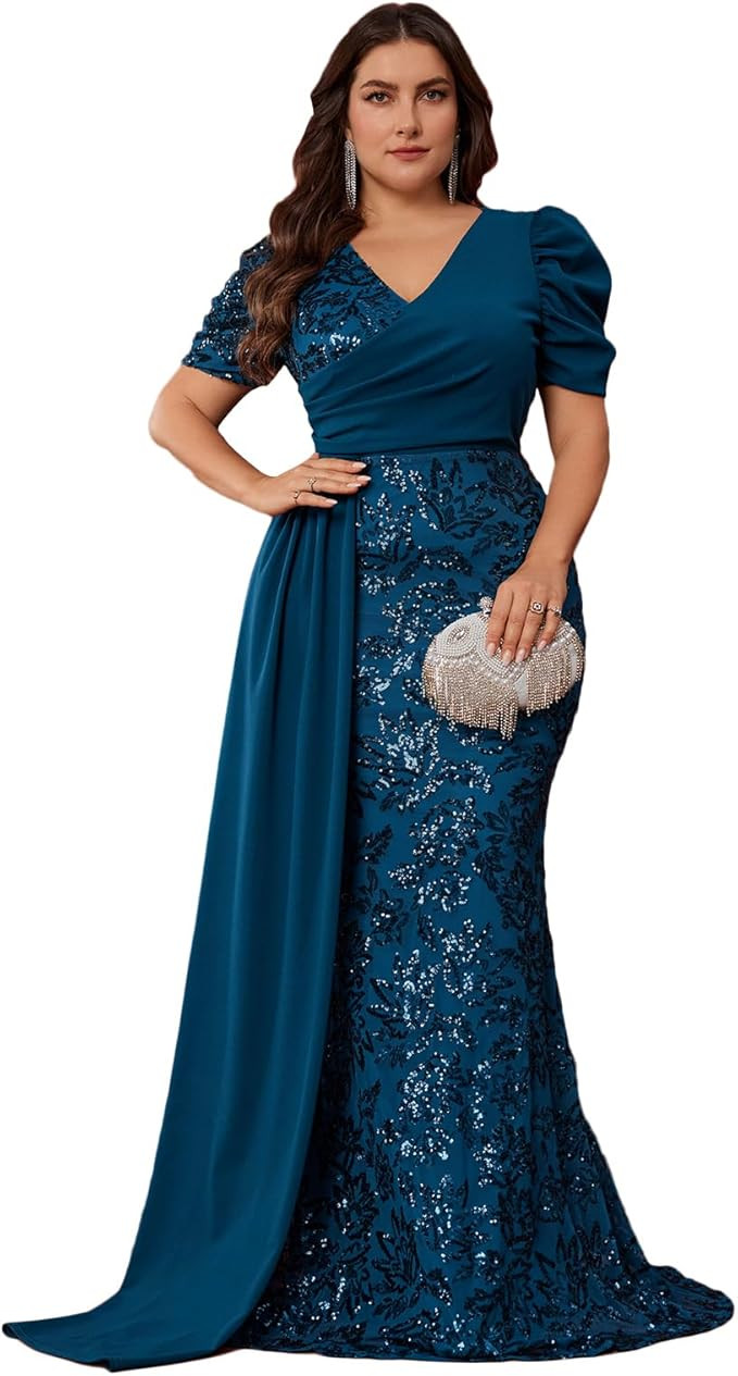 Elegant Women’s Formal Dress Wedding Guest Puff Sleeve Mermaid Ball Gowns Court Train Plus Size... | Amazon (US)