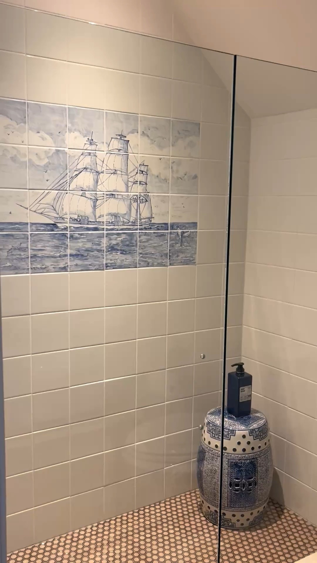 Blue and white shower - love adding a garden stool instead of a niche to hold shampoo etc. Linking my exact stool plus some other options. Classic hex floor tile comes in several colors and sizes - linking our choice.

#LTKHome #LTKSpringSale #LTKSaleAlert