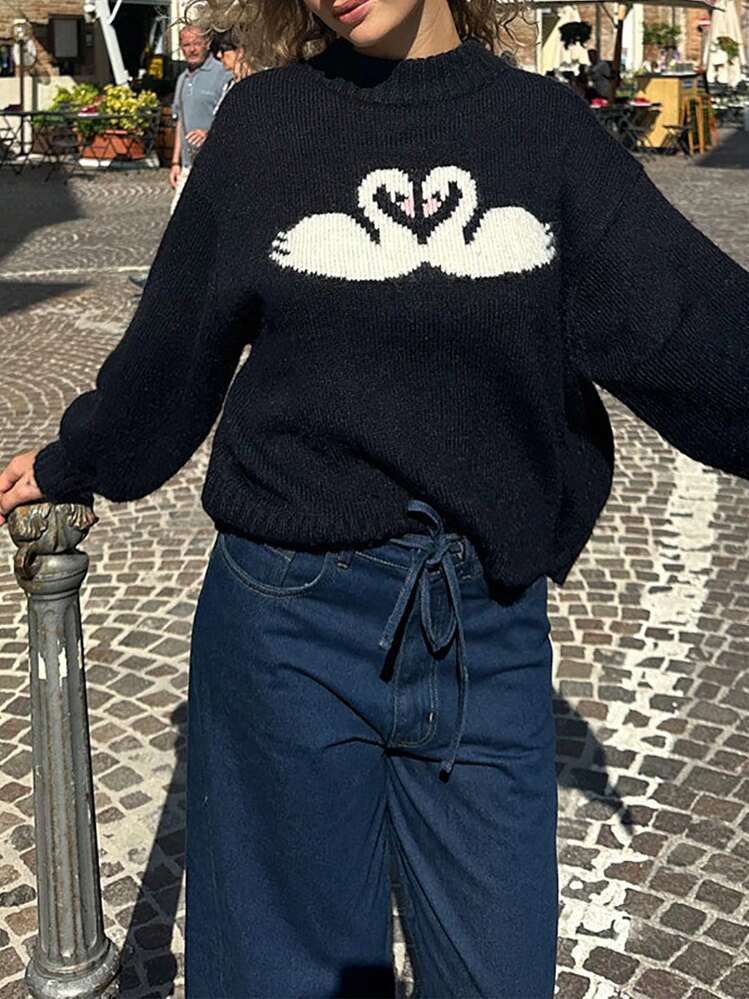 SHEIN EZwear Plus Size Women Casual Daily Swan Pattern Drop Shoulder Loose Stand Collar Sweater, ... | SHEIN