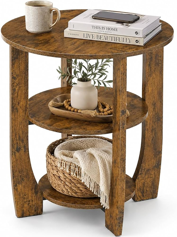 Round Side Table, Rustic Brown, 19.7 inch     3-Tier End Table with Storage, 19.7 inch, Nightstan... | Amazon (US)