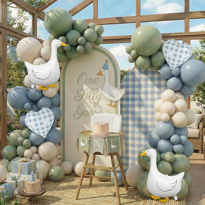 One Silly Goose Balloon Arch Kit \u2013 Sage Green Dusty Blue Balloon Garland with Goose gingham ... | Amazon (US)