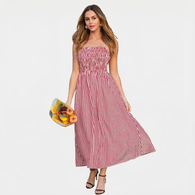 Cupshe Women's Chic Striped Maxi Dress with Smocked Bodice-S-Red | Target