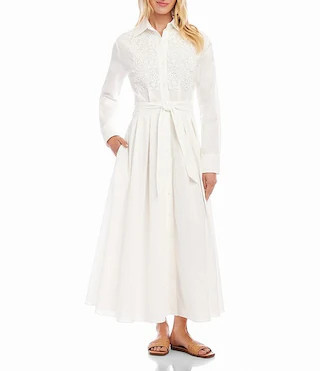 Karen Kane Linen Blend Lace Applique Point Collar Long Sleeve Self Tie Button Front Midi Shirt Dr... | Dillard's