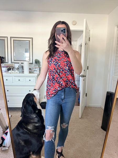 This red white and blue floral tank top is so soft and has an eyelet detail. It's perfect for summer and the pattern is perfect for all those red, white, blue holidays! Puppy not for sale, haha.

ripped jeans // summer outfit // summer tank top // sandals // jeans

#LTKFindsUnder50 #LTKOver40 #LTKSaleAlert