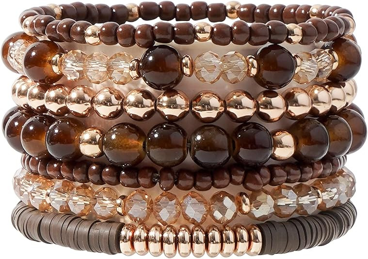 GOOJIDS Surfer Heishi Clay Bead Bracelets for Women Bohemian Stackable Evil Eye Vinyl Disc Beaded... | Amazon (US)