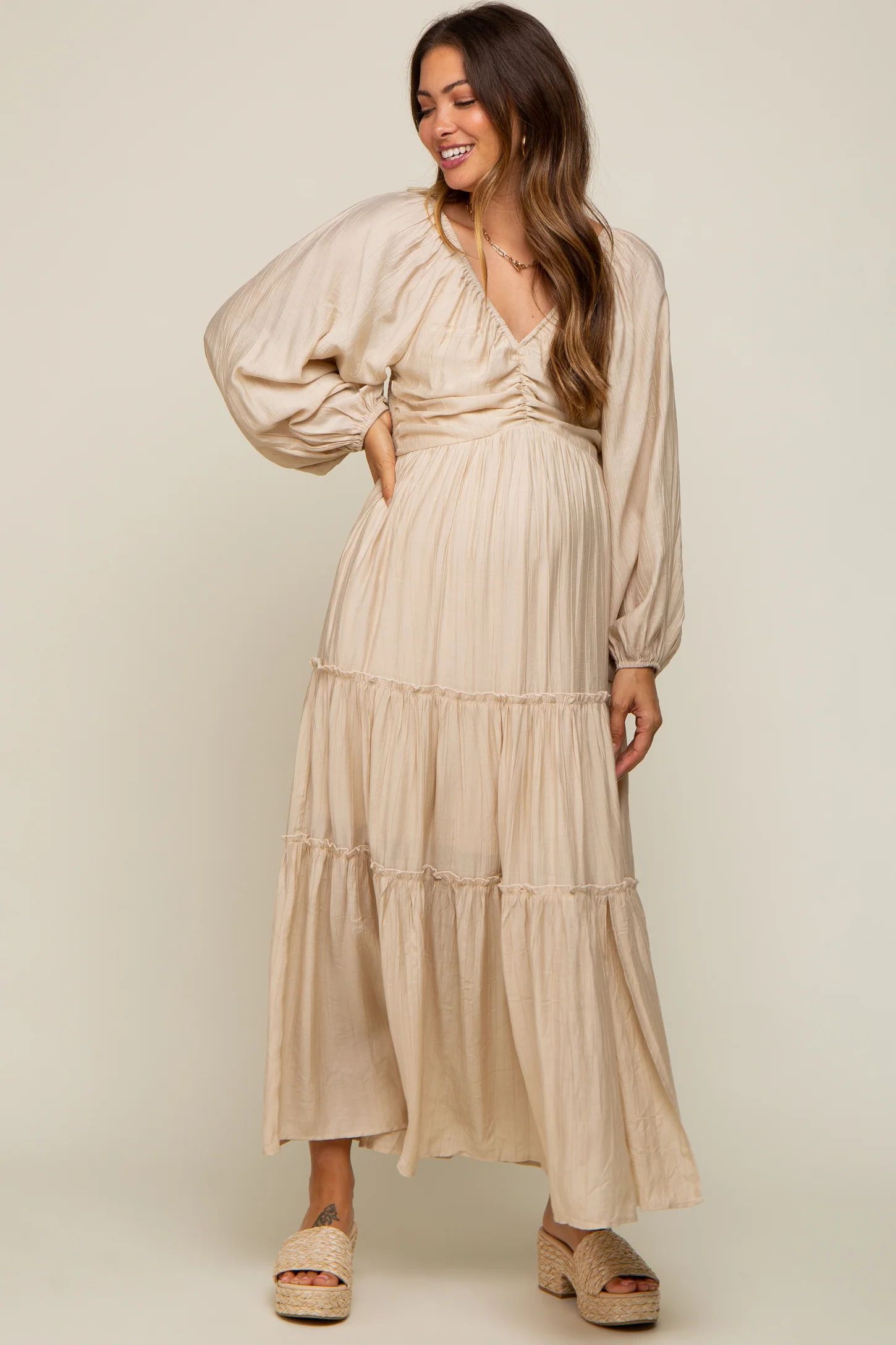 Beige Ruched Front Cutout Back Tiered Maternity Maxi Dress | PinkBlush Maternity