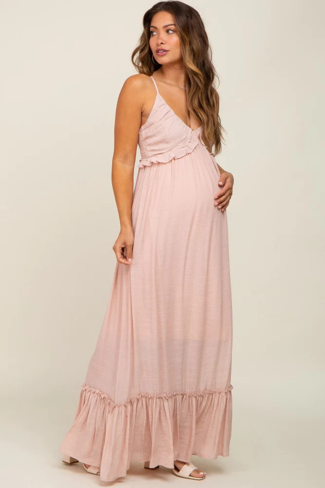 Light Pink Sleeveless Ruffle V-Neck Maternity Maxi Dress | PinkBlush Maternity