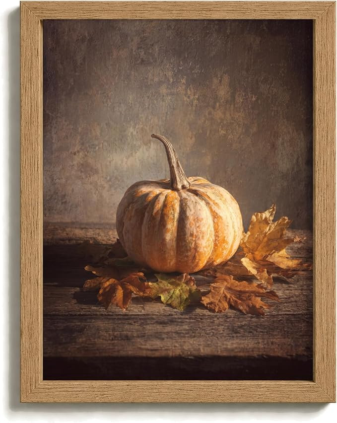 Framed Vintage Pumpkin and Autumn Leaves Wall Art,Halloween Fall Painting Picture Wall Decor,Than... | Amazon (US)