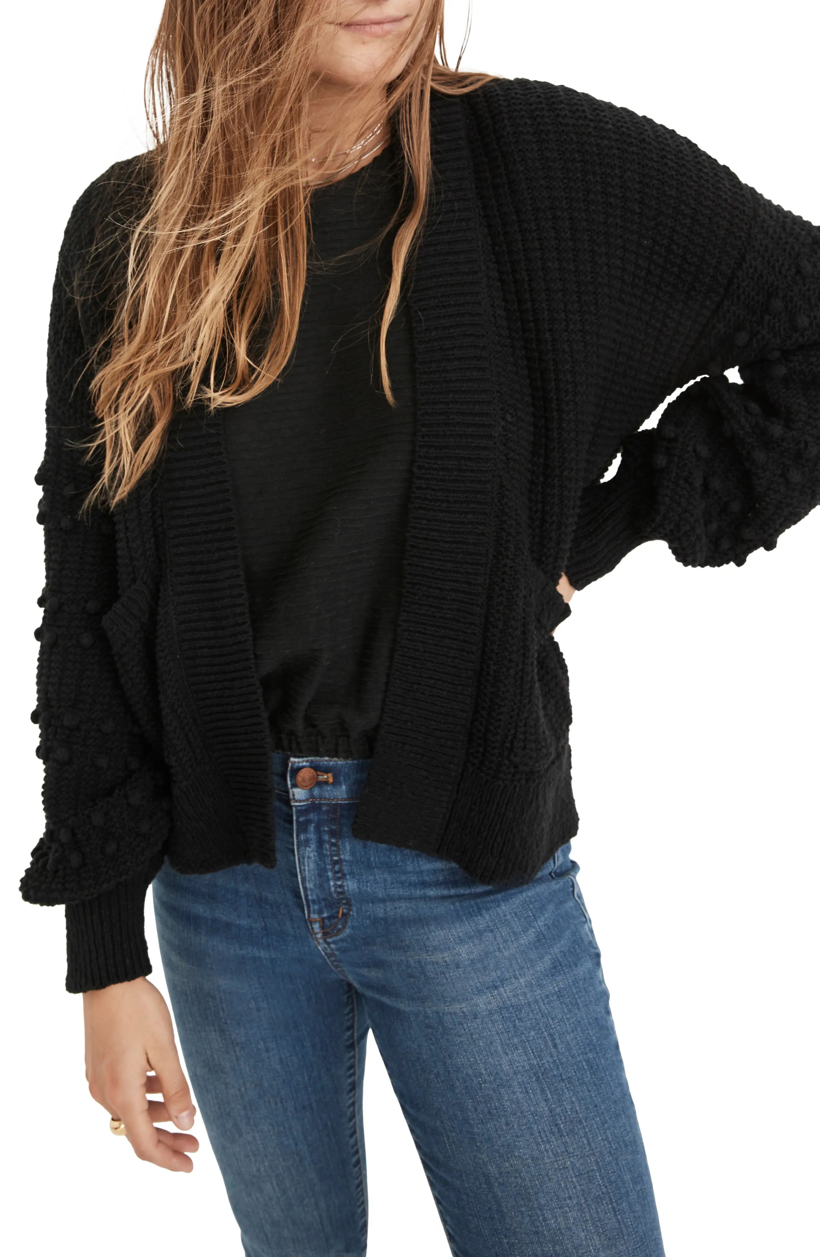 Madewell Bobble Cardigan Sweater, Size Large in True Black at Nordstrom | Nordstrom