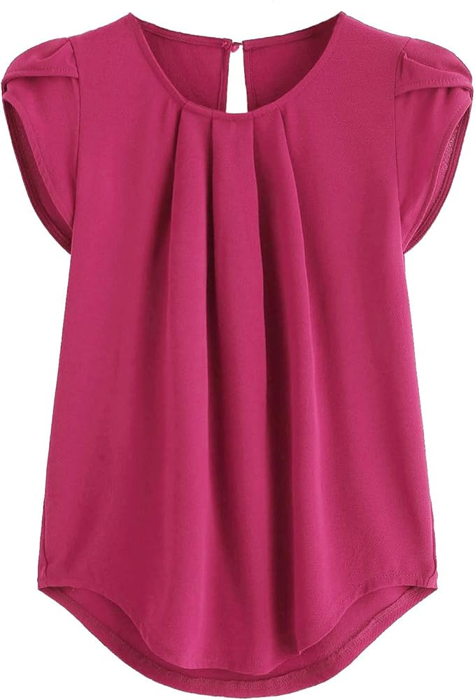 Milumia Women's Casual Round Neck Basic Pleated Top Cap Sleeve Curved Keyhole Back Blouse | Amazon (US)