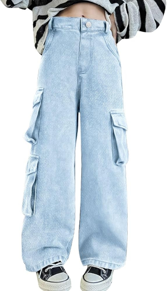 AOWKULAE Girls Jeans Elastic Waist Wide Leg Pants Kids Jeans 4-14 Years | Amazon (US)