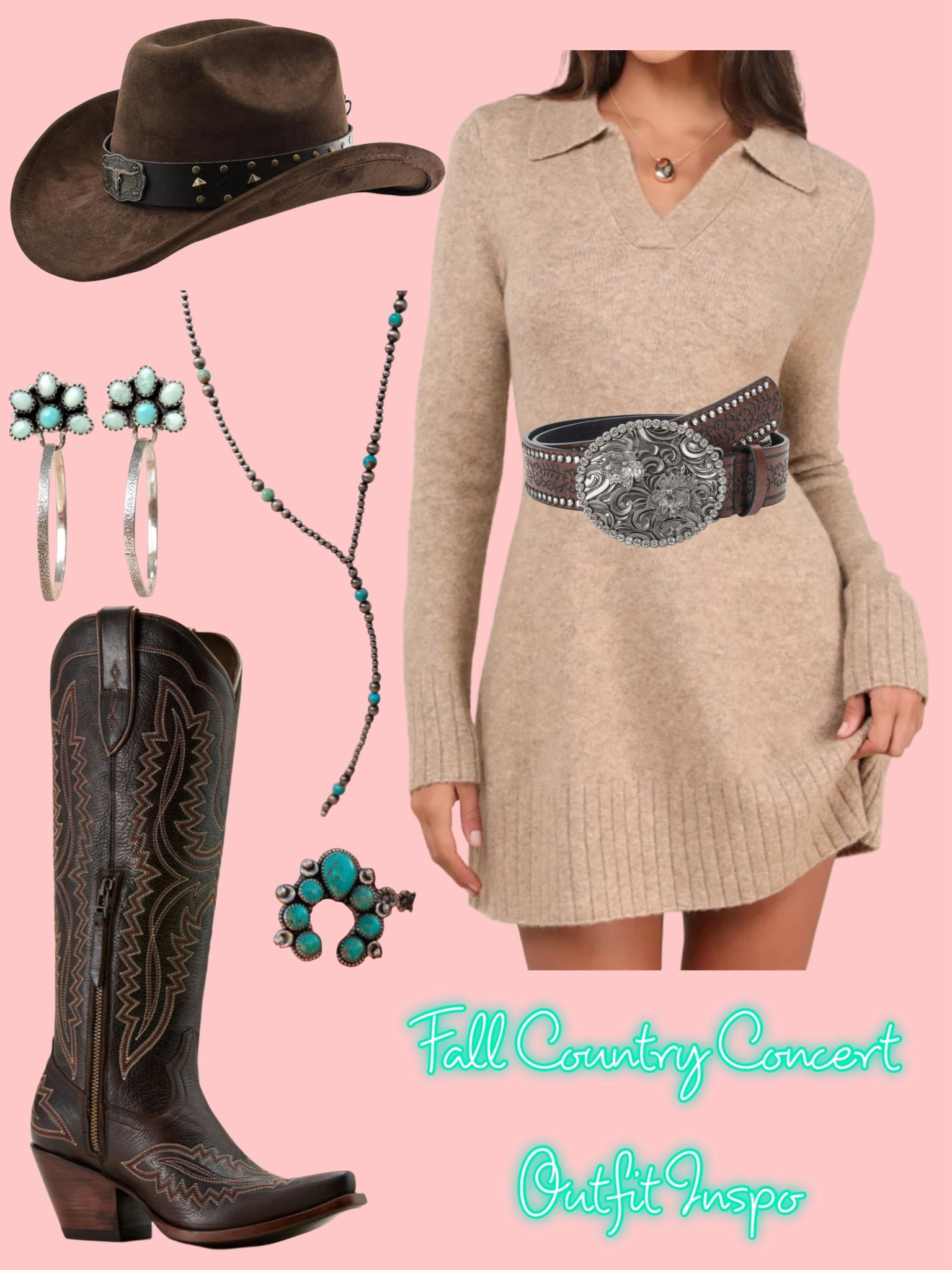 Sweater dress paired with belt and boots makes for a cute and comfortable country concert look! 

#LTKStyleTip #LTKShoeCrush #LTKFallSale