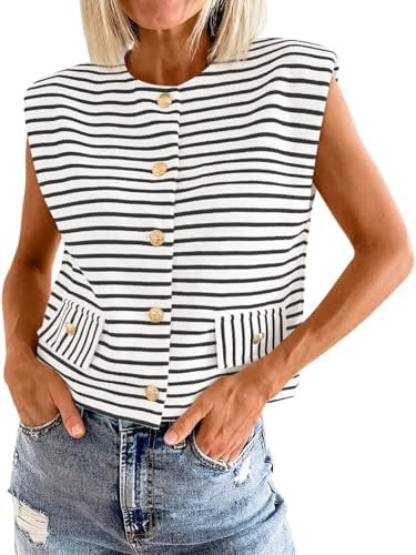 Cicy Bell Womens Striped Vest Summer Casual Button Down Cap Sleeve Tank Tops Crew Neck Sleeveless... | Amazon (US)