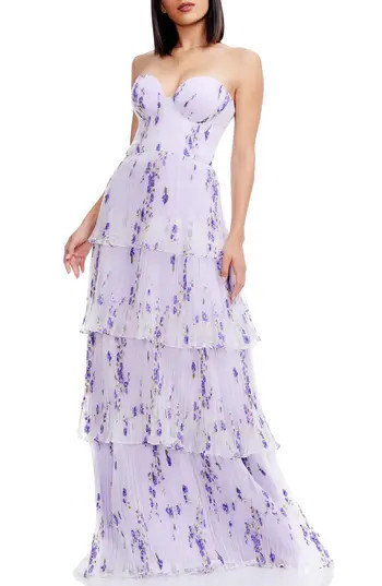 Dress the Population Layana Ruffle Strapless Evening Gown in Wisteria Multi at Nordstrom Rack, Size Small | Nordstrom Rack