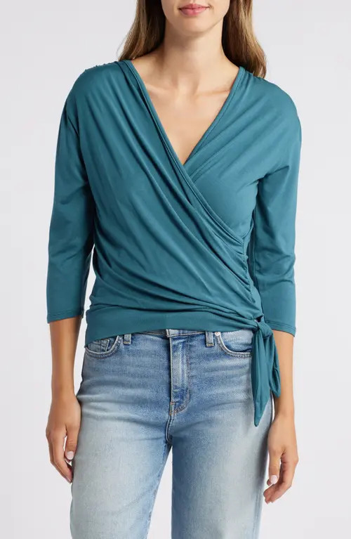Loveappella Faux Tie Wrap Top in Dark Teal at Nordstrom, Size X-Large | Nordstrom