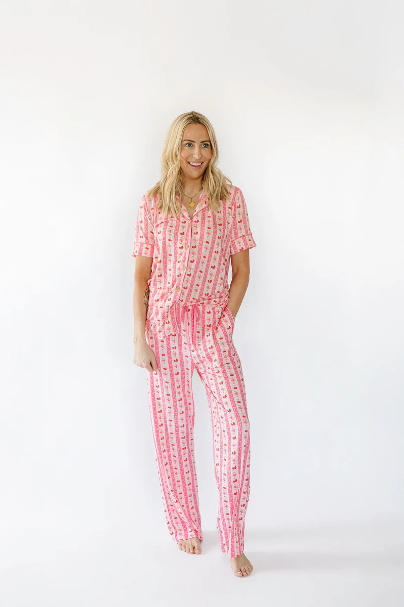 Pink Strawberry & Cherry Bows Adult Pajama Pants | Sunset Snuggles