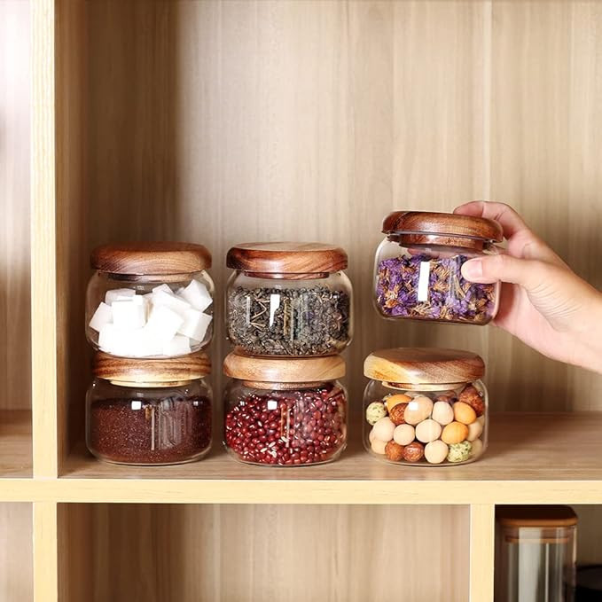SAIOOL Kitchen Canisters Set of 6-8.5oz Glass Spice Jars With Acacia Airtight Lid and Labels Roun... | Amazon (US)