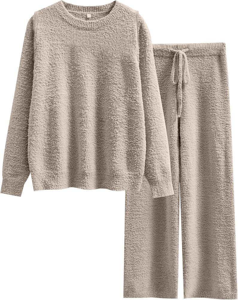 ANRABESS Fuzzy Fleece Pajama Sets for Women 2 Piece Outfits Knit Top Wide Leg Pants Comfy Loungew... | Amazon (US)