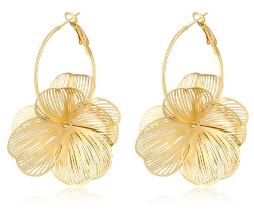 14K Gold Plated Flower Dangle Earrings for Women - Lightweight Hollow Wire Floral Hoop Earrings Hypoallergenic Statement Jewelry for Wedding Party Daily Wear (Gold) | Amazon (US)