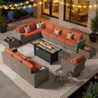 Solara 15 Pieces Wicker Outdoor Patio Fire Pit Conversation Sectional Sofa Set and with Orange Red Cushions | The Home Depot