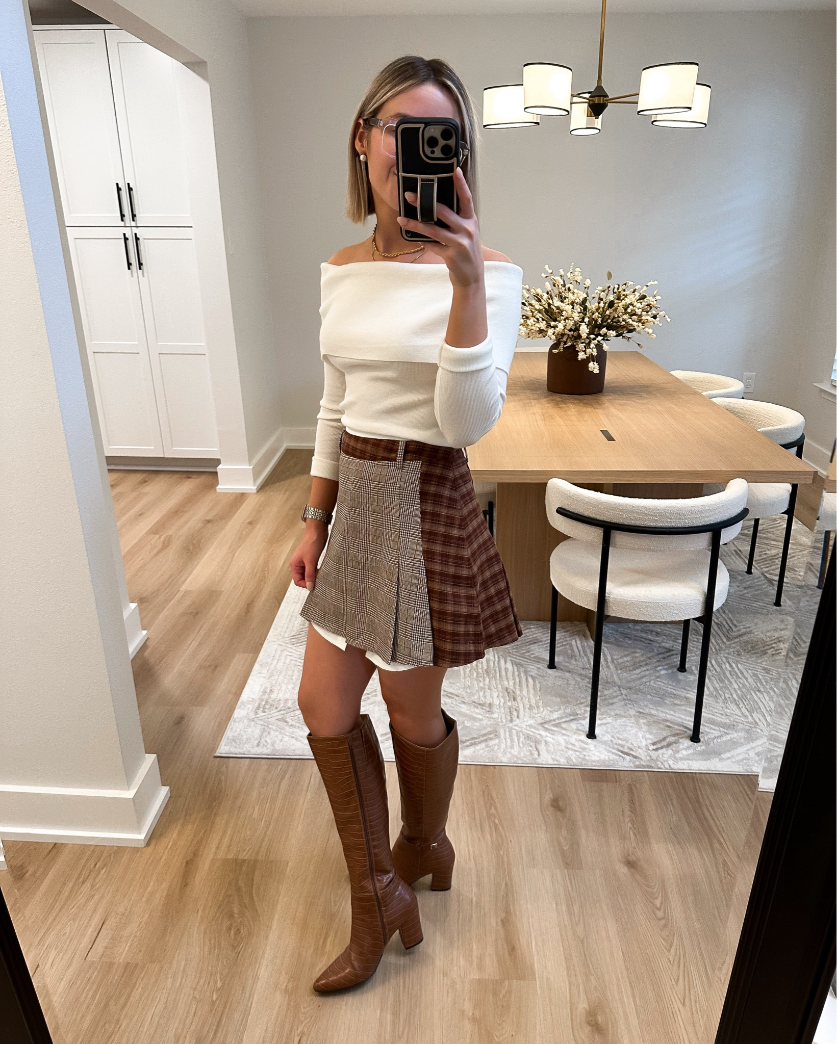 Pink Lily White off the shoulder top - old but linked similar 

Avec Les Filles Plaid Layered Look Miniskirt size xs - I tried a small and xs and personally like the tighter fit of the xs but if you’re in between sizes, size up 

LifeStride Womens Stratford Faux Leather Wide Calf Knee-High Boots tts - got mine from Kohl’s a while back but found a few sizes in stock at Walmart 

#LTKSaleAlert #LTKFindsUnder100 #LTKxNSale