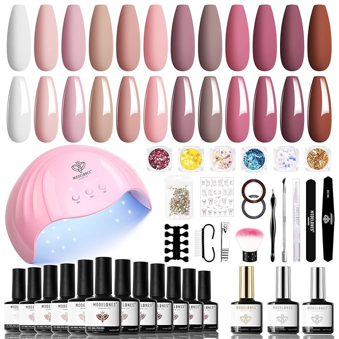 Modelones 35 Psc Gel Nail Polish Kit with U V Light 48W Nail Dryer 12 Colors Pink Skin Tone Gel N... | Amazon (US)