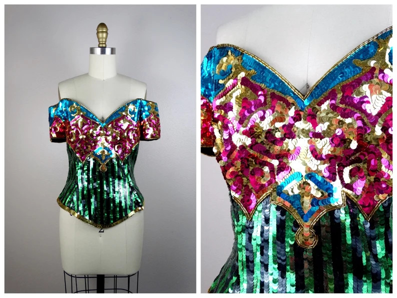VTG Whimsical All Sequin Bustier Top / Vintage Striped Sequined Beaded Off The Shoulders Top / Co... | Etsy (Global)